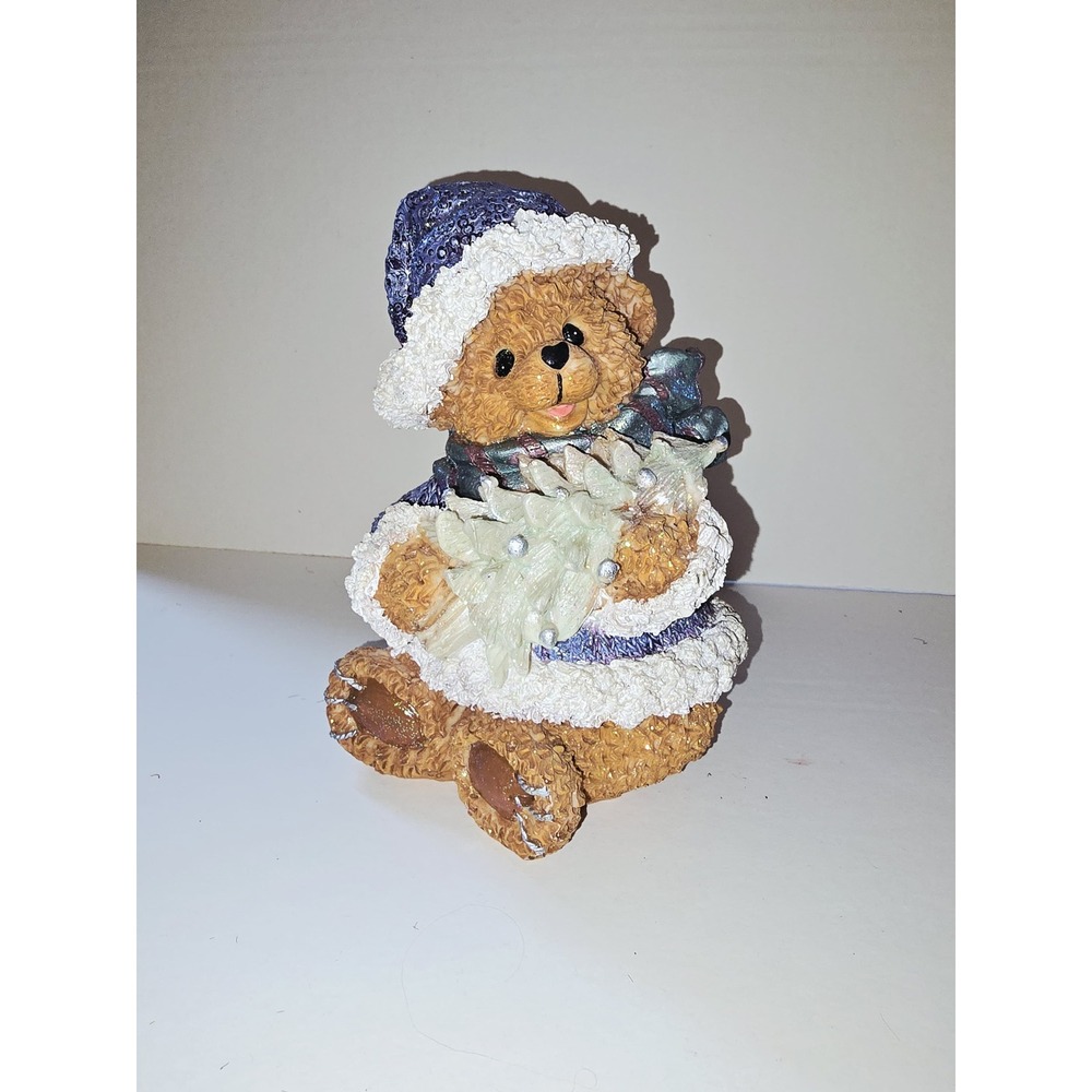 Winter Teddy Bear Figurine Purple Santa Hat Christmas Tree Resin Decor 6.5 Inch